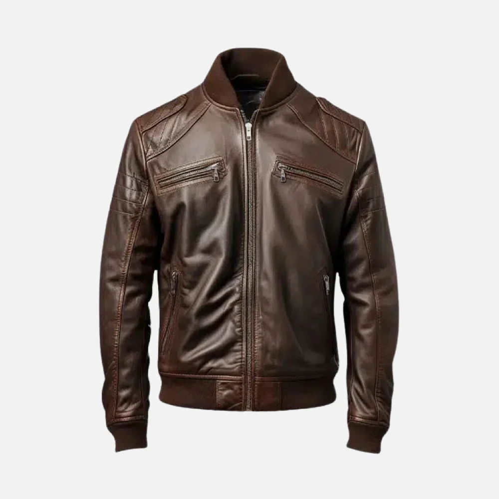 Men's Dark Brown Leather Bomber Jacket