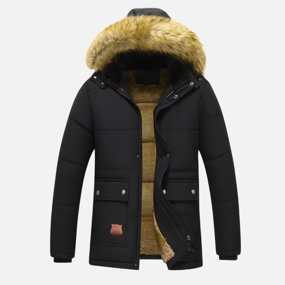 Jacket with Faux Fur Trim, Pockets & Adjustable Drawstrings - Black Polyester