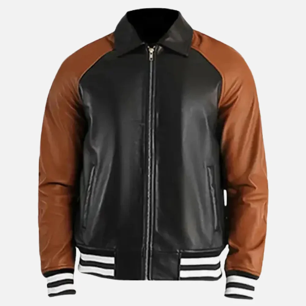 Men's Black & Brown Leather Varsity Jacket