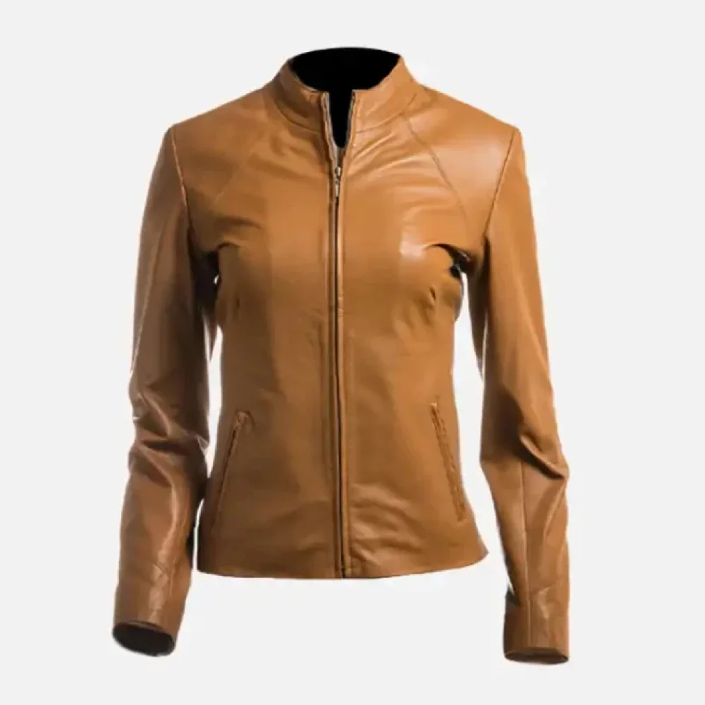 Women’s Tan Plain Short Zipped Leather Jacket