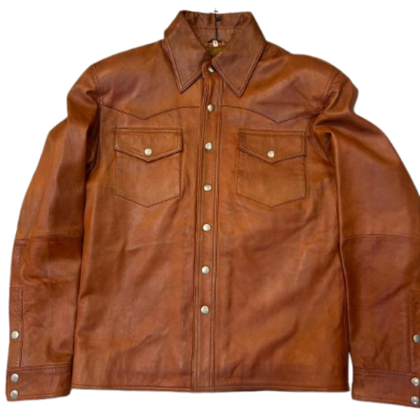 Mens Tan Leather Slim Fit Shirt Jacket