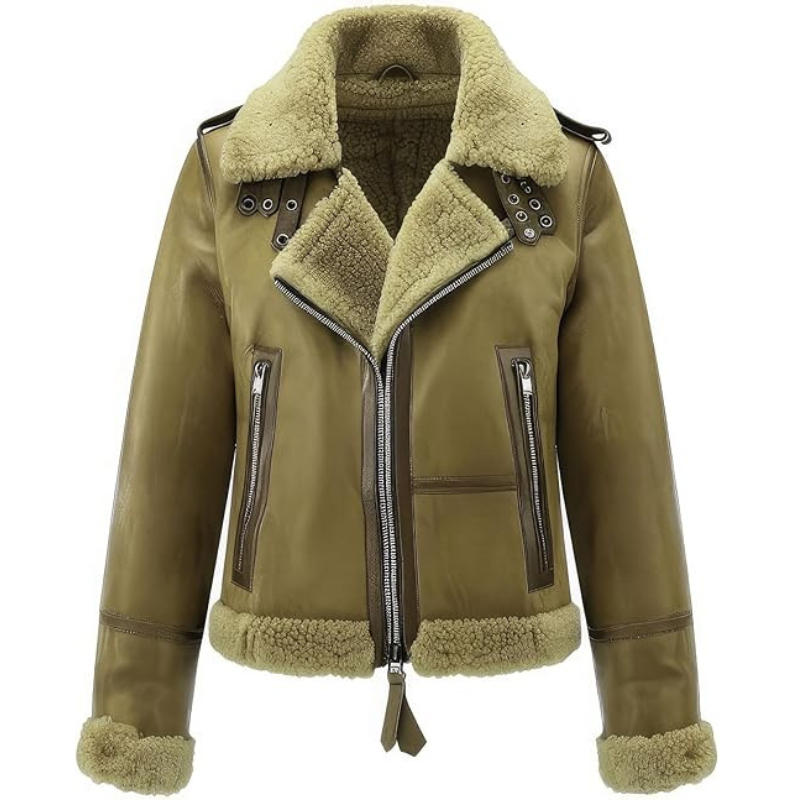 Women's Olive Green Real Sheepskin Shearling Fur Lined Aviator Jacket