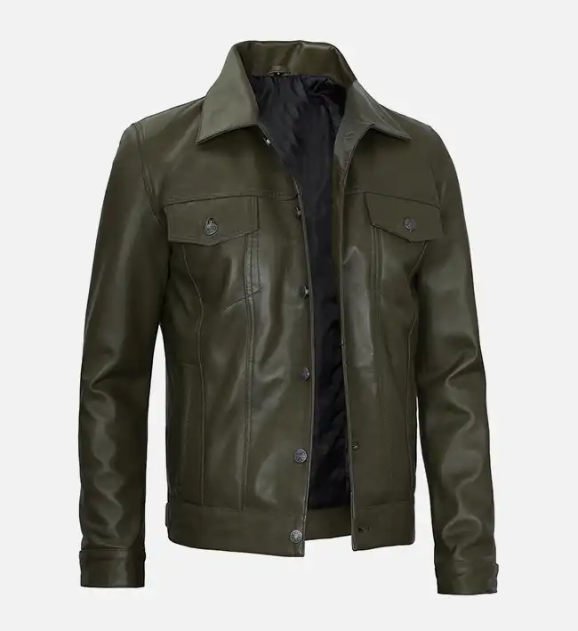 Men's Olive Green Real Leather Trucker Jacket - Image 2