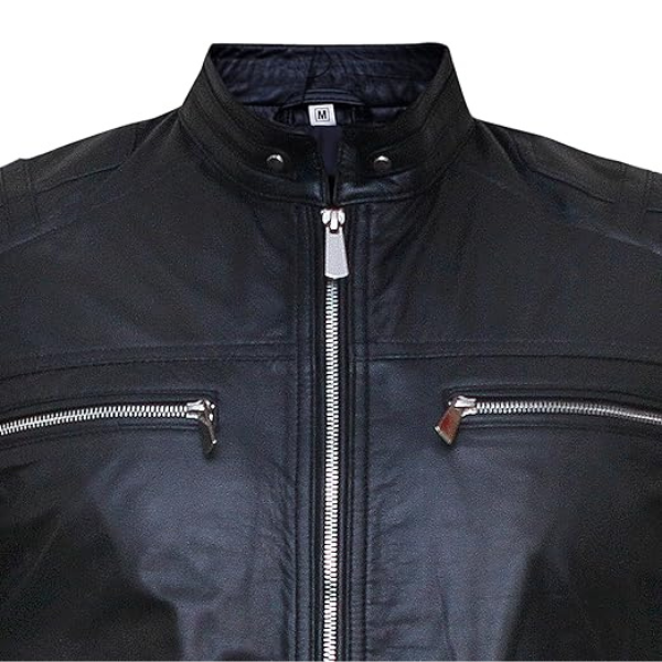 Menβs Cafe Racer Black Leather Jacket - Image 3