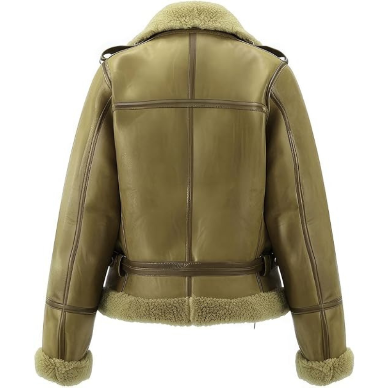 Women's Olive Green Real Sheepskin Shearling Fur Lined Aviator Jacket - Image 2
