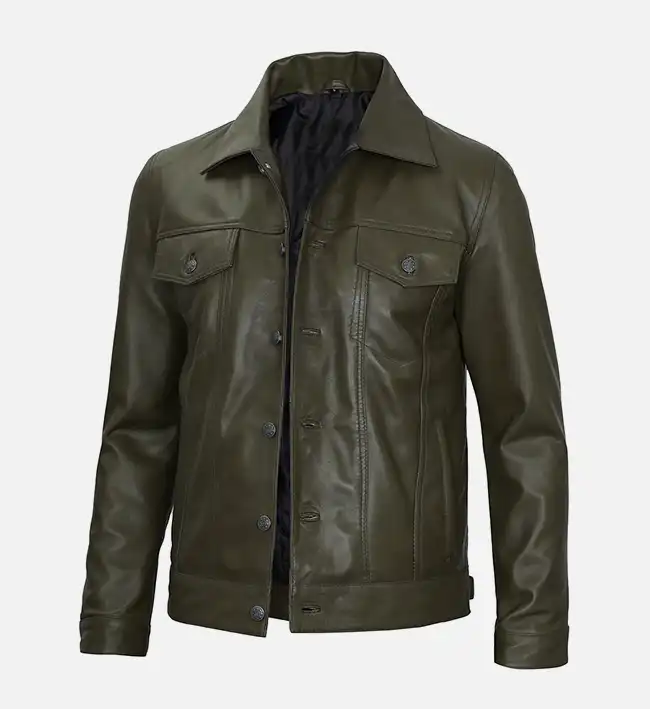 Men's Olive Green Real Leather Trucker Jacket - Image 4