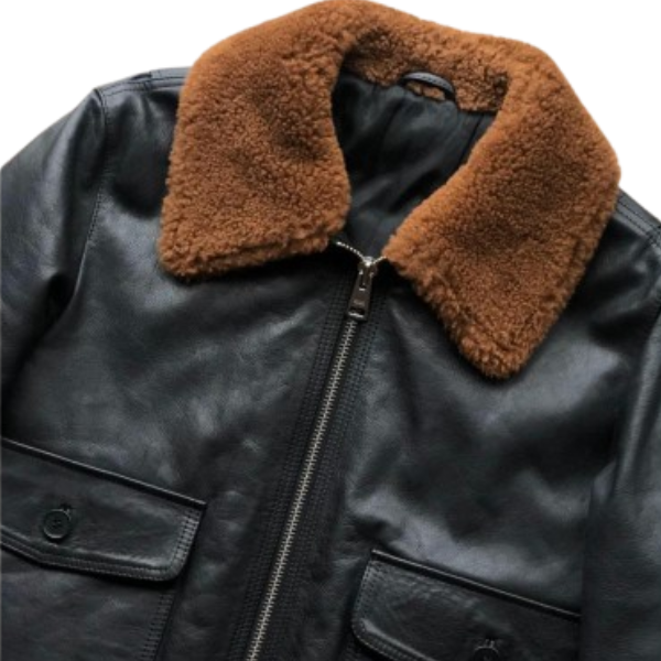 Black Leather Aviator Shearling Collar Bomber Jacket - Image 4