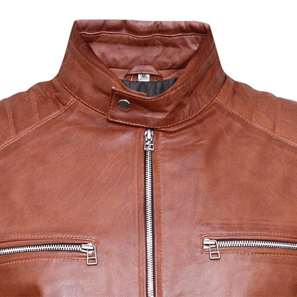 Menβs Cafe Racer Leather Brown Jacket - Image 6