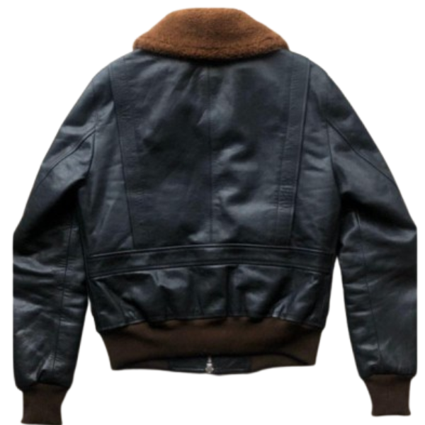Black Leather Aviator Shearling Collar Bomber Jacket - Image 2