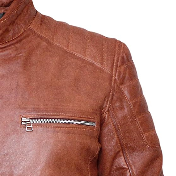 Menβs Cafe Racer Leather Brown Jacket - Image 5