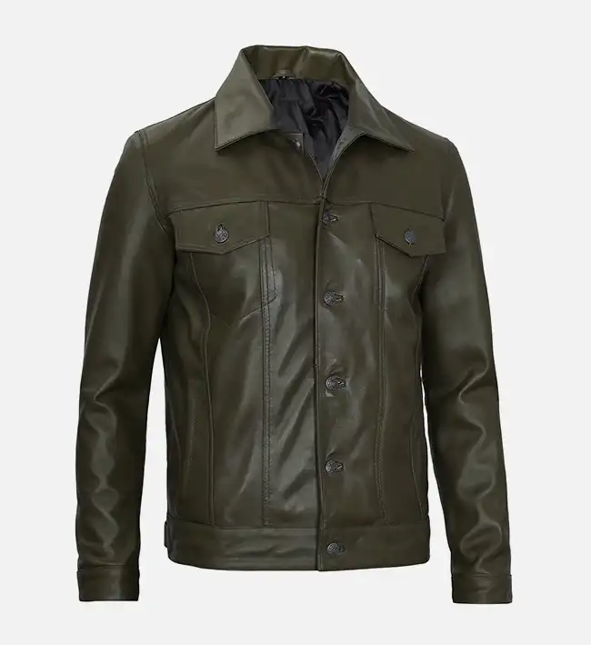 Men's Olive Green Real Leather Trucker Jacket - Image 3