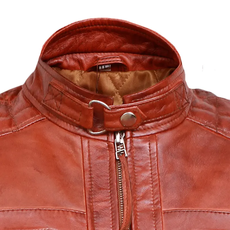 Classic Diamond Vintage Brown Biker Leather Jacket - Image 3
