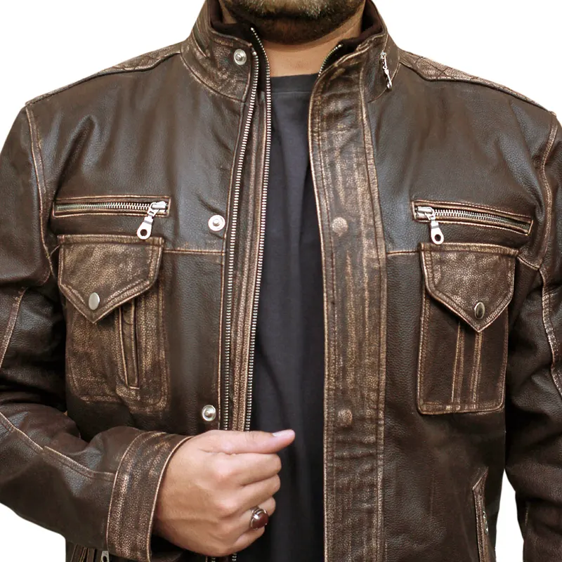 Men’s Biker Cafe Moto Racer Brown Genuine Leather Jacket - Image 4
