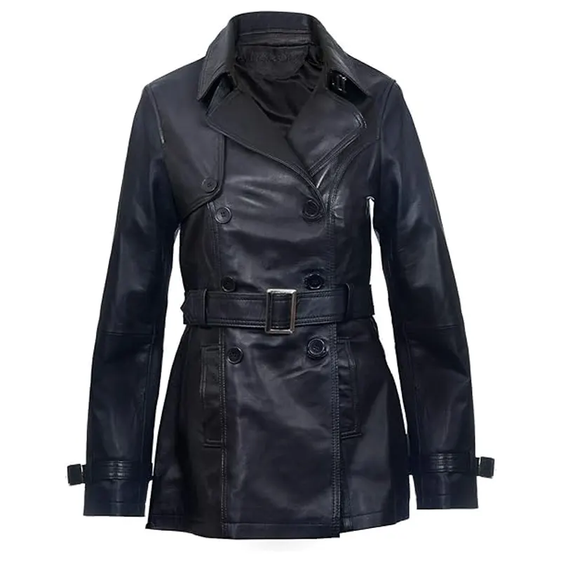 Black Mid Length Leather Overcoat