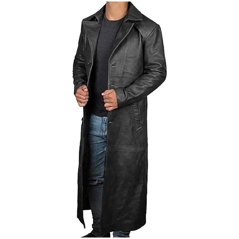Distressed Black Real Leather Trench Coat - Image 2