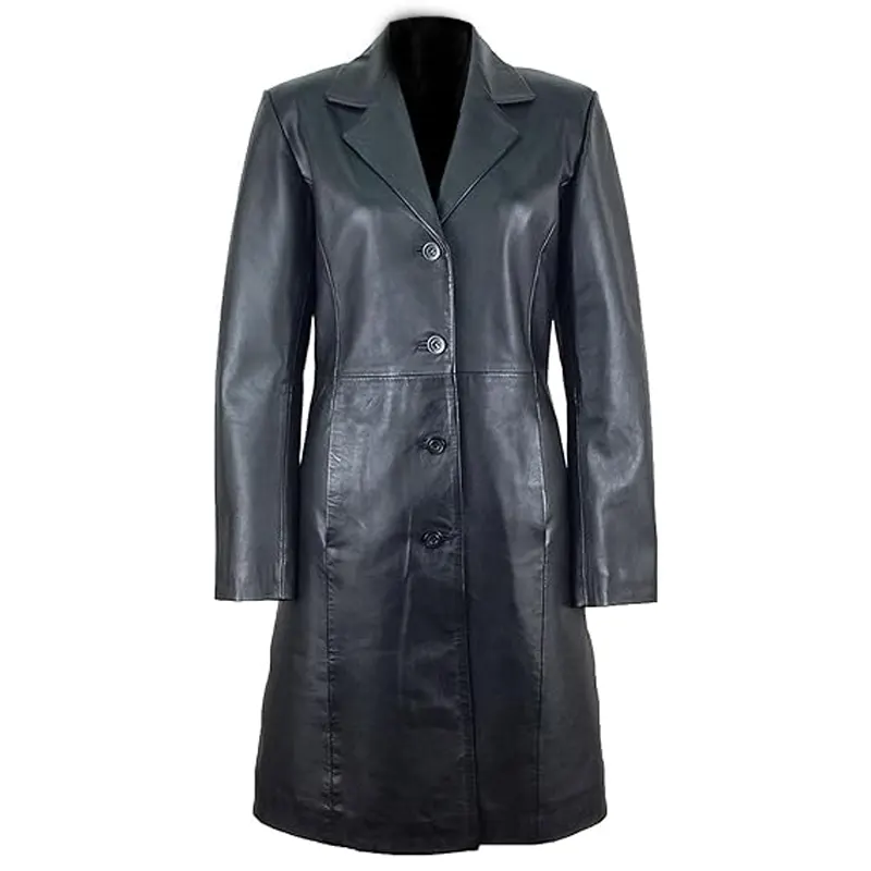 Black Single Breasted Leather Trench Coat