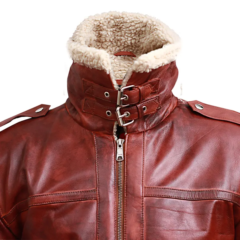 Men's Brown Shearling Stand Collar Real Leather Jacket - Image 3