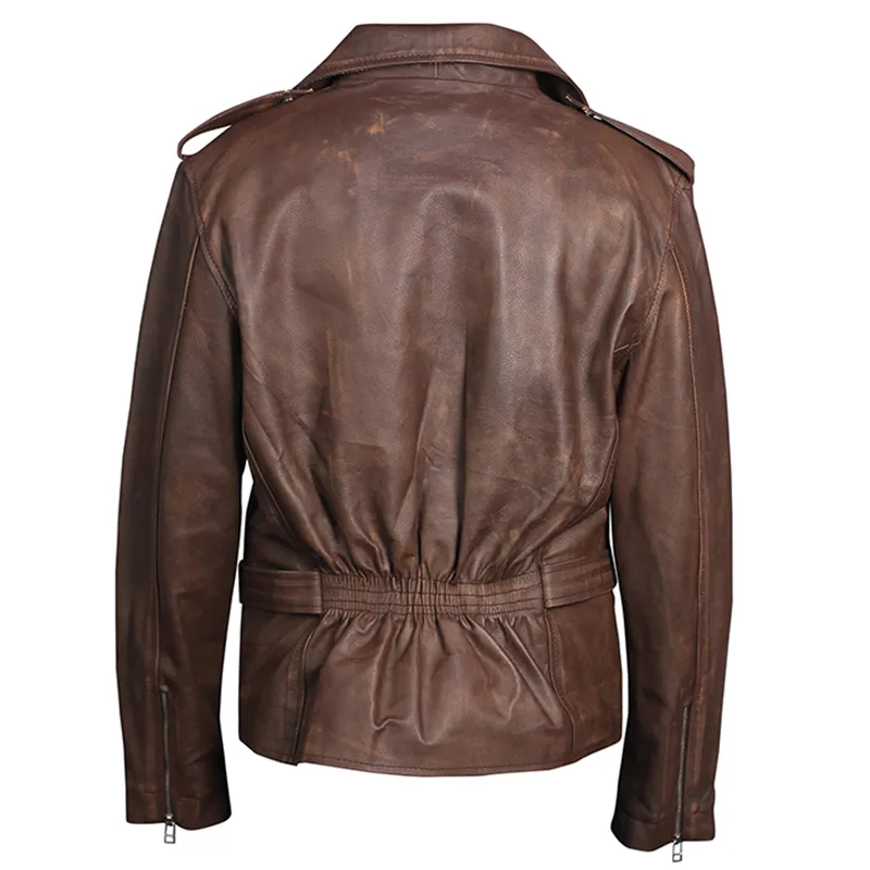 Men's Biker Brown Genuine Leather Jacket - Image 2