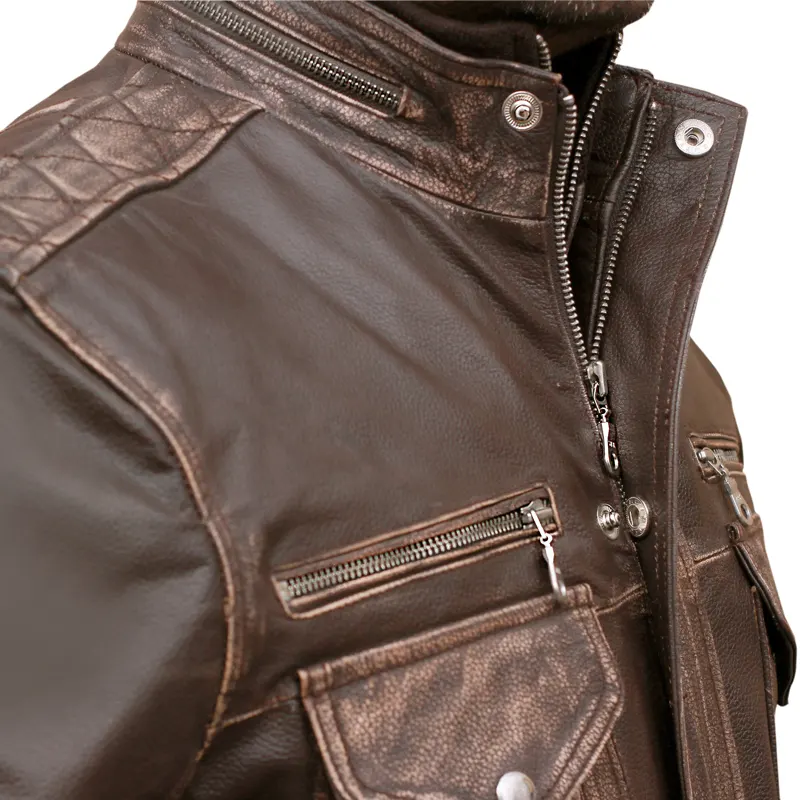 Men’s Biker Cafe Moto Racer Brown Genuine Leather Jacket - Image 5