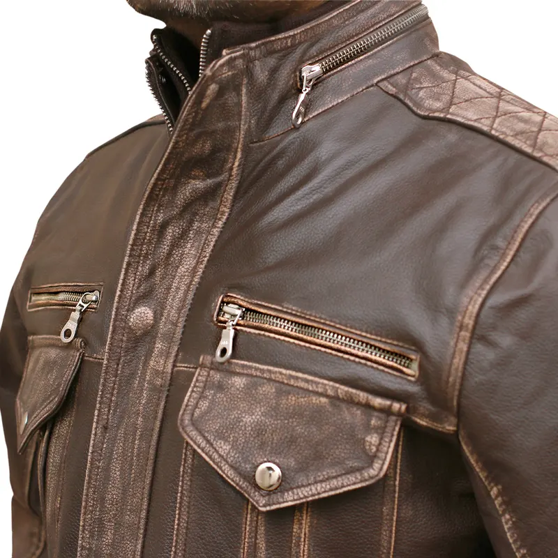 Men’s Biker Cafe Moto Racer Brown Genuine Leather Jacket - Image 7