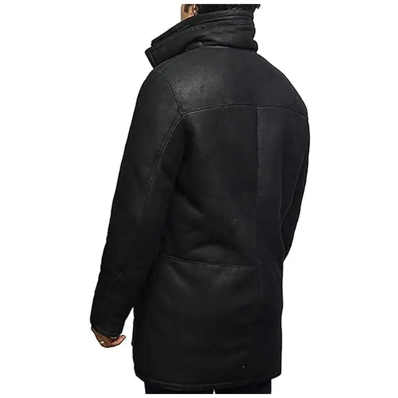 Black Shearling Duffle Leather Trench Coat - Image 5