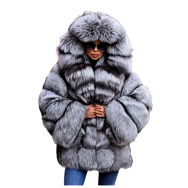 Luxury Silver Fluffy Hooded Fur Coat
