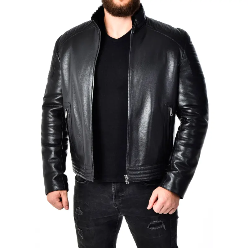 Men Padded Black Leather Biker Jacket
