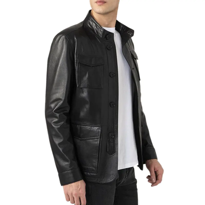 Men's Flap Pockets Black Leather Jacket - Image 2