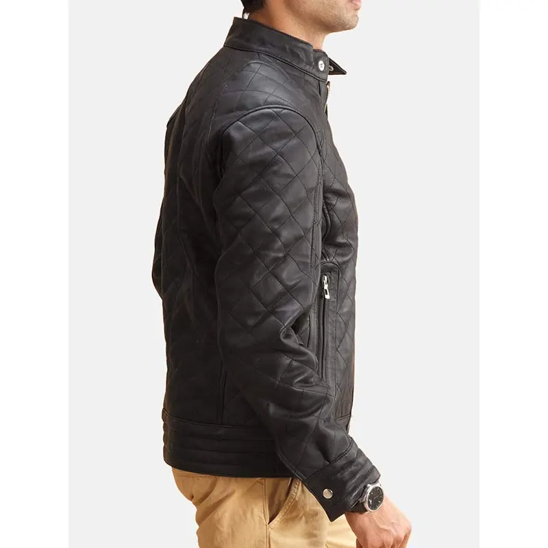 Men Black Leather Quilted Jacket - Image 2