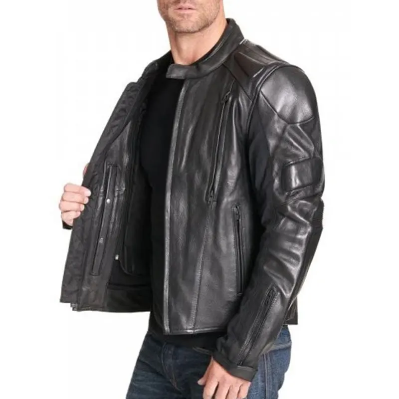 Men Padded Black Biker Leather Jacket - Image 2