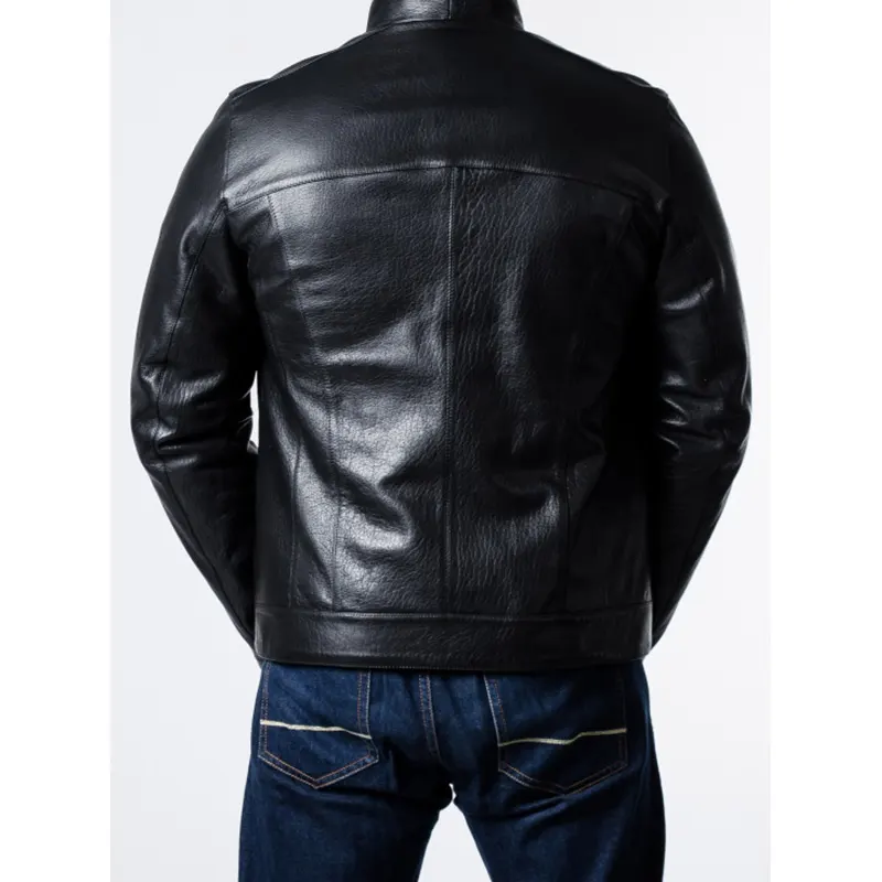 Men Sheepskin Black Leather Biker Jacket - Image 3