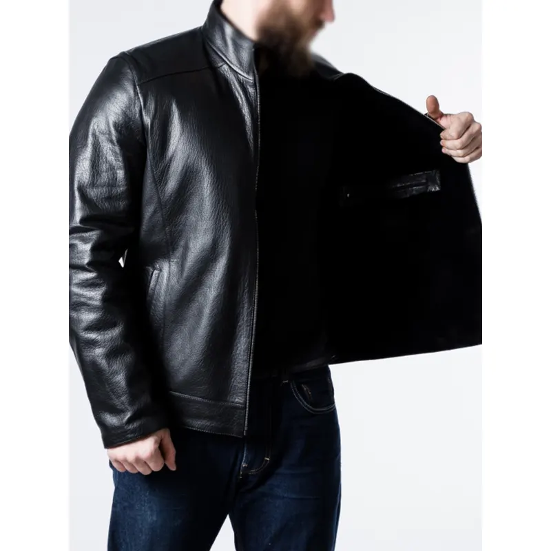 Men Sheepskin Black Leather Biker Jacket - Image 4