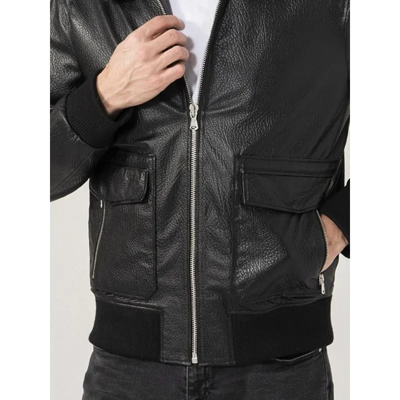 Men's Shirt Collar Black Leather Jacket - Image 4