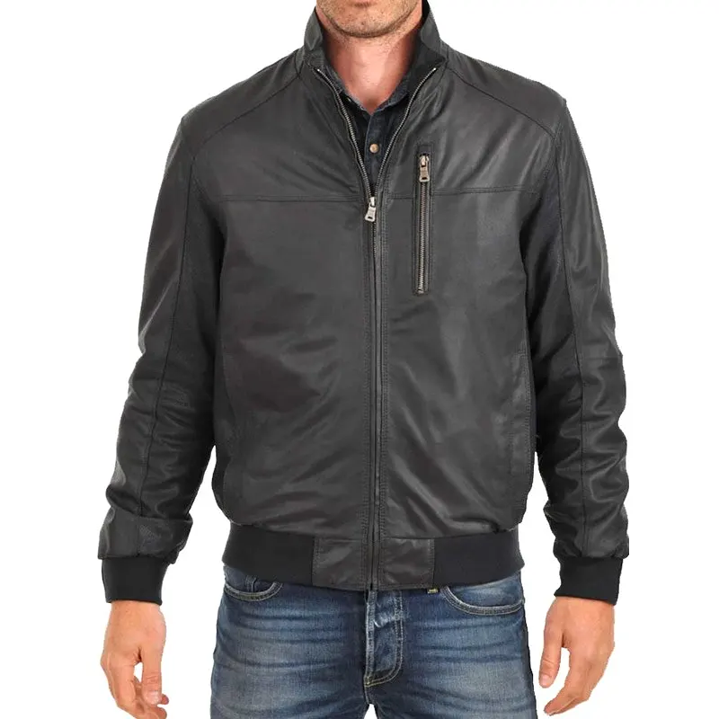 Men Standing Collar Leather Bomber Jacket
