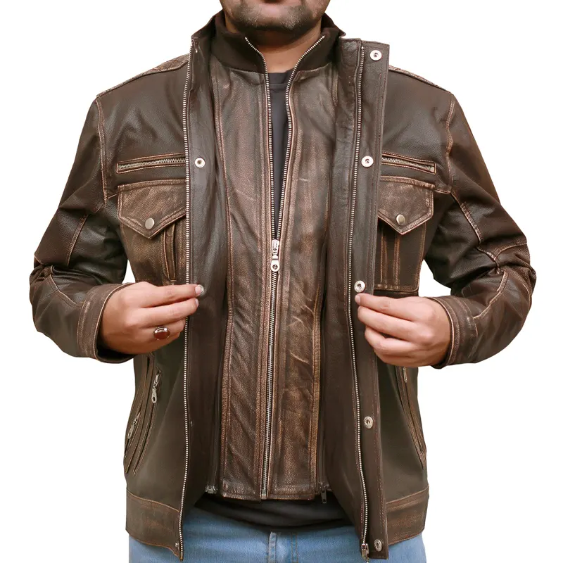 Men’s Biker Cafe Moto Racer Brown Genuine Leather Jacket - Image 2