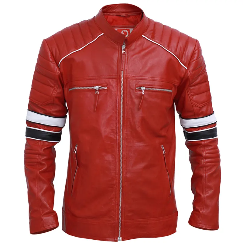 Men's Cafe Racer Red Striped Leather Jacket