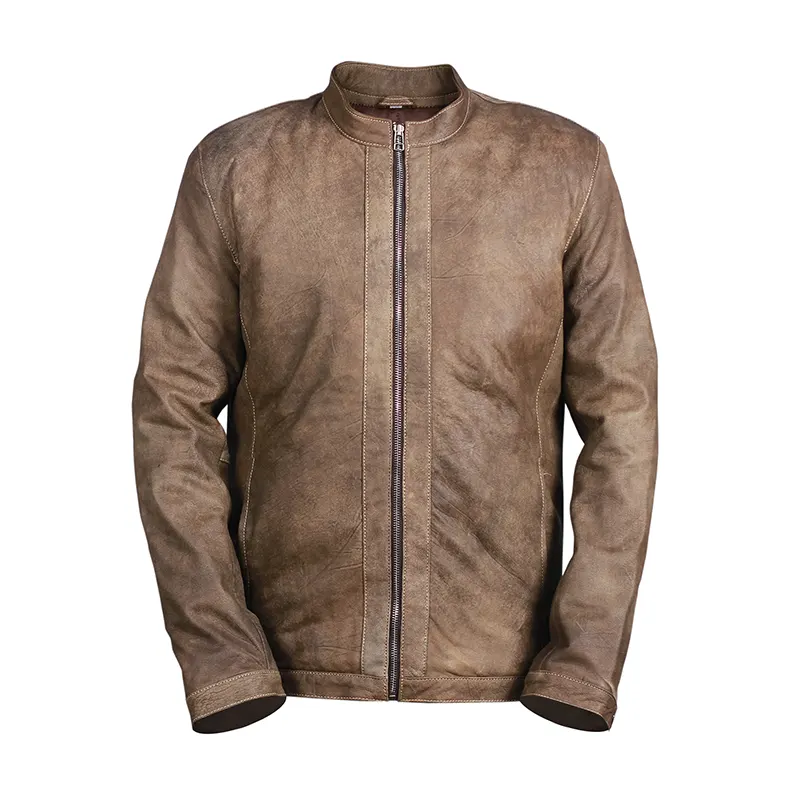 Men’s Distressed Khaki Motorcycle Leather Jacket