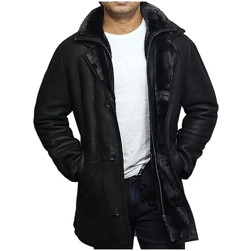 Black Shearling Duffle Leather Trench Coat - Image 3