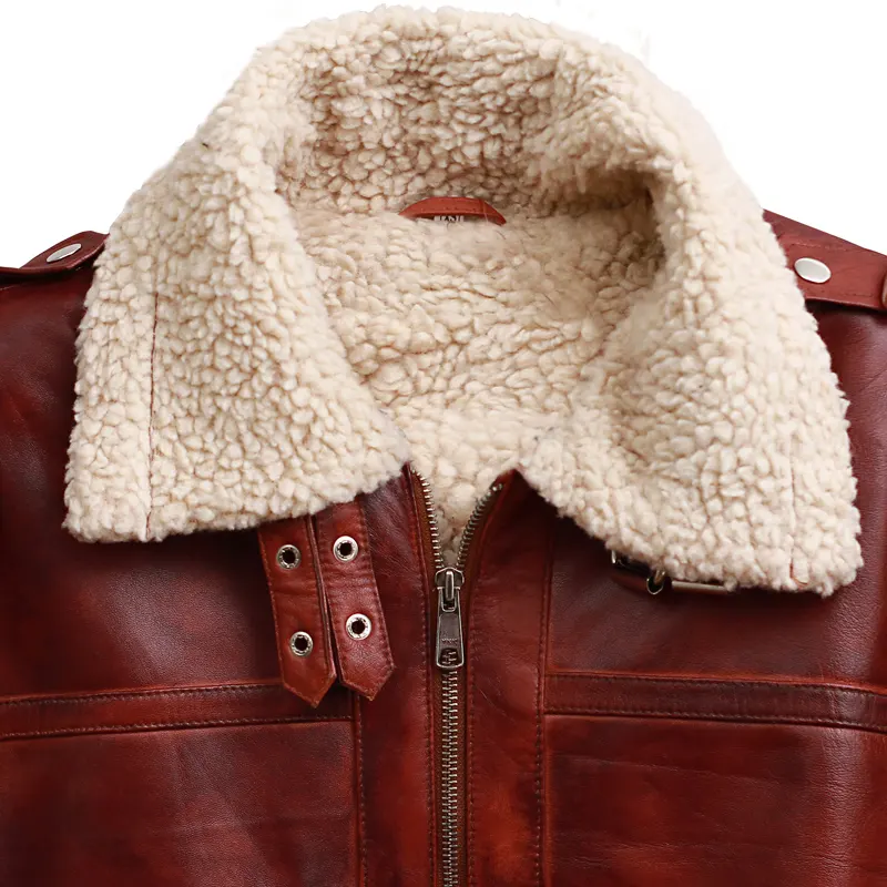 Men's Brown Shearling Stand Collar Real Leather Jacket - Image 4