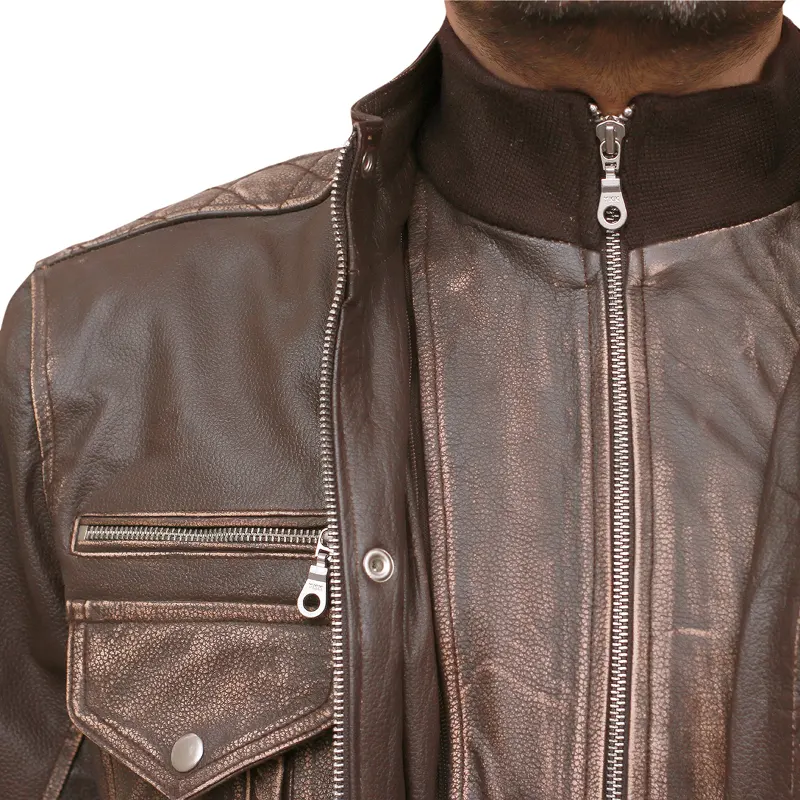 Men’s Biker Cafe Moto Racer Brown Genuine Leather Jacket - Image 10