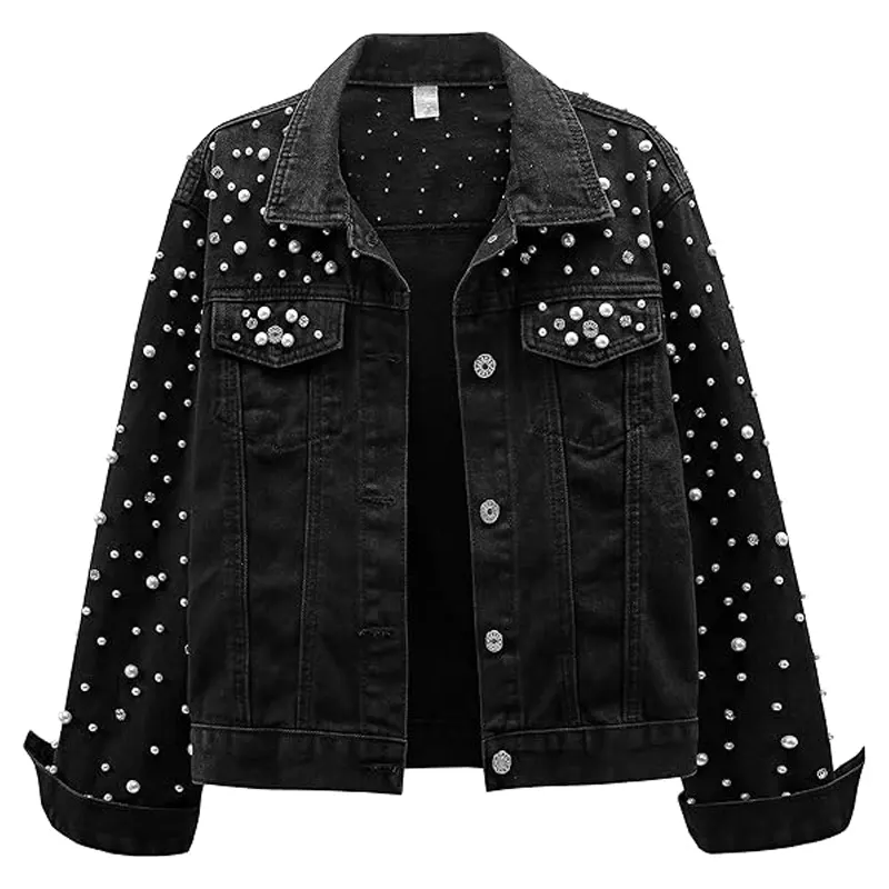 Pearls Cropped Rhinestones Jean Jacket