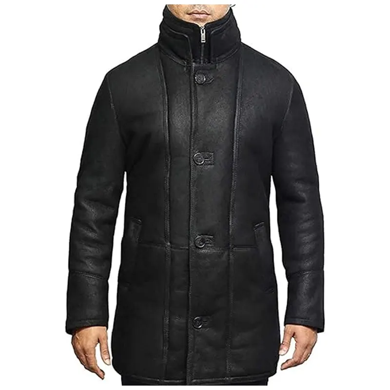 Black Shearling Duffle Leather Trench Coat - Image 2