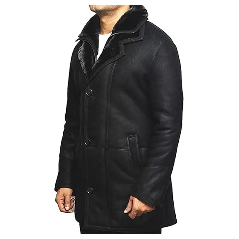 Black Shearling Duffle Leather Trench Coat - Image 4