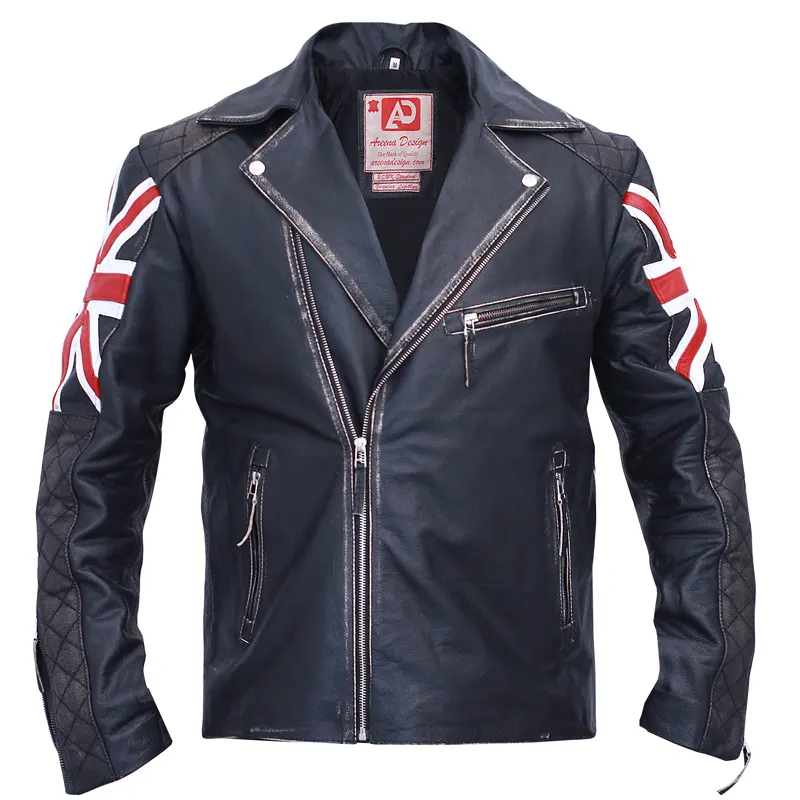 Union Jack Biker Vintage Black Leather Jacket For Mens