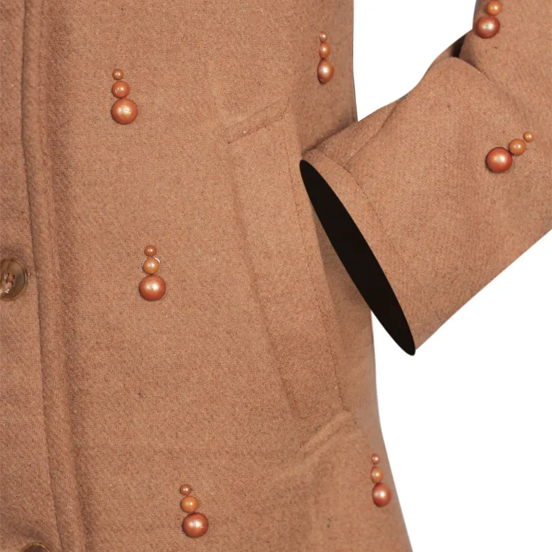 Women's Brown Embellished Wool Trench Coat - Image 6
