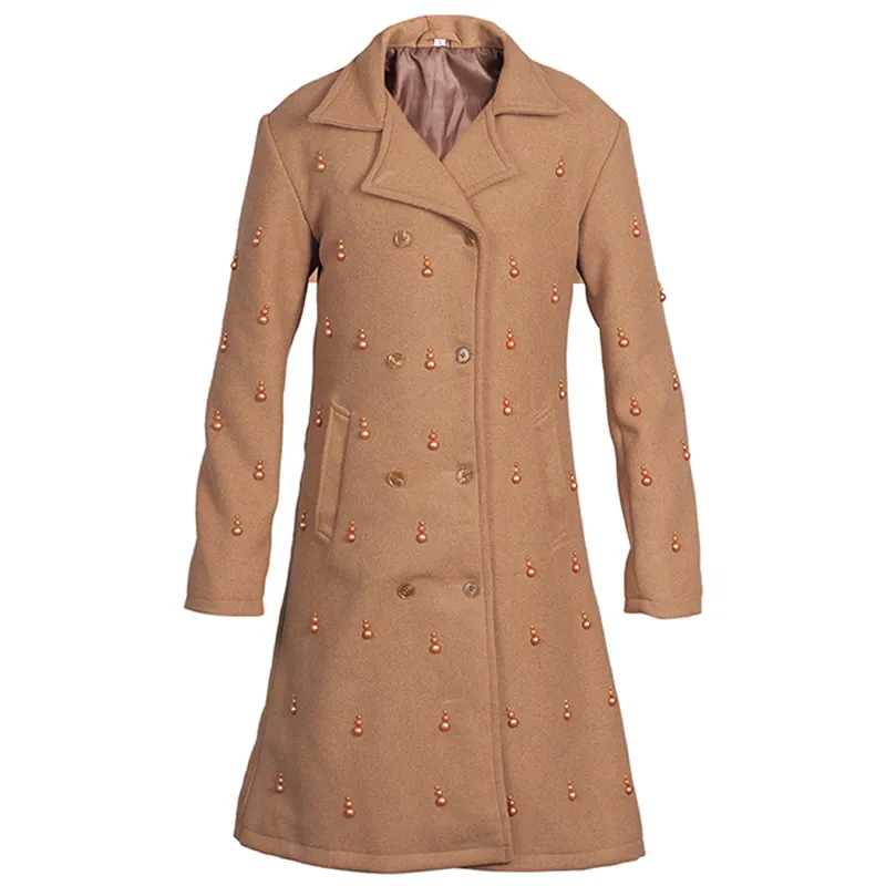 Women's Brown Embellished Wool Trench Coat