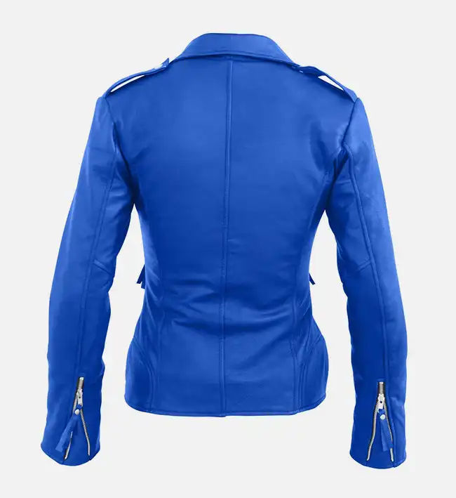 Women Blue Biker Leather Jacket - Image 2