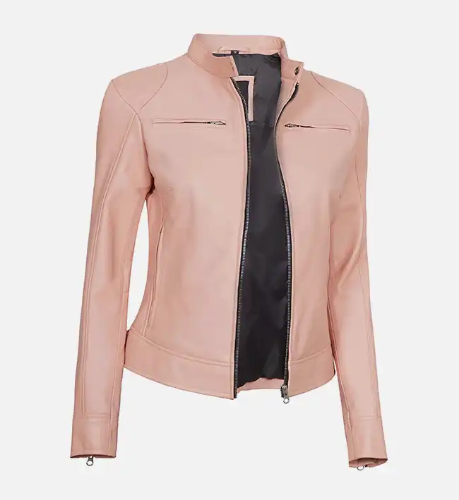 Women's Light Pink Cafe Racer Leather Jacket - Image 2