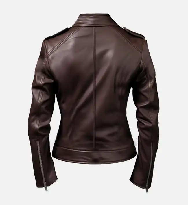 Women’s Biker Leather Jacket Dark Brown - Image 2