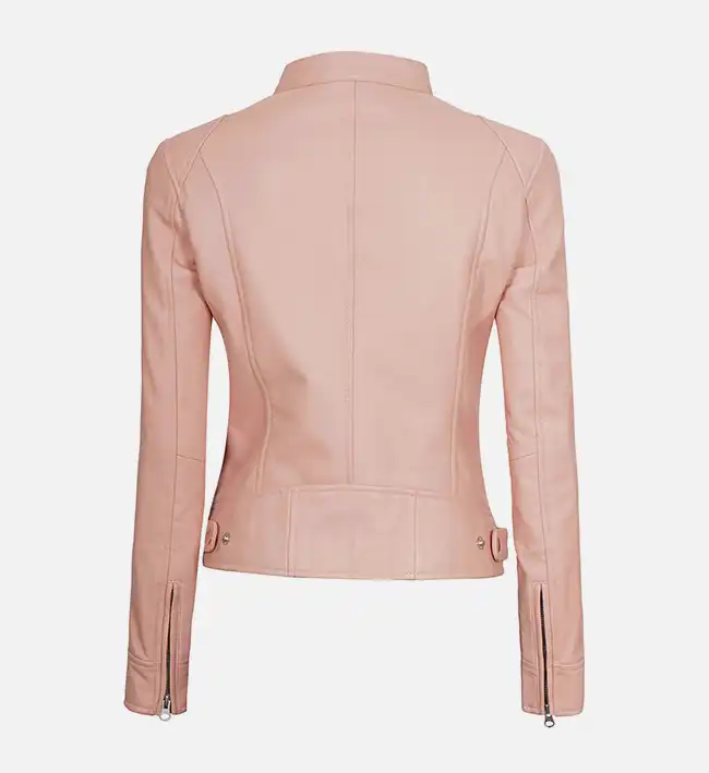 Women's Light Pink Cafe Racer Leather Jacket - Image 4
